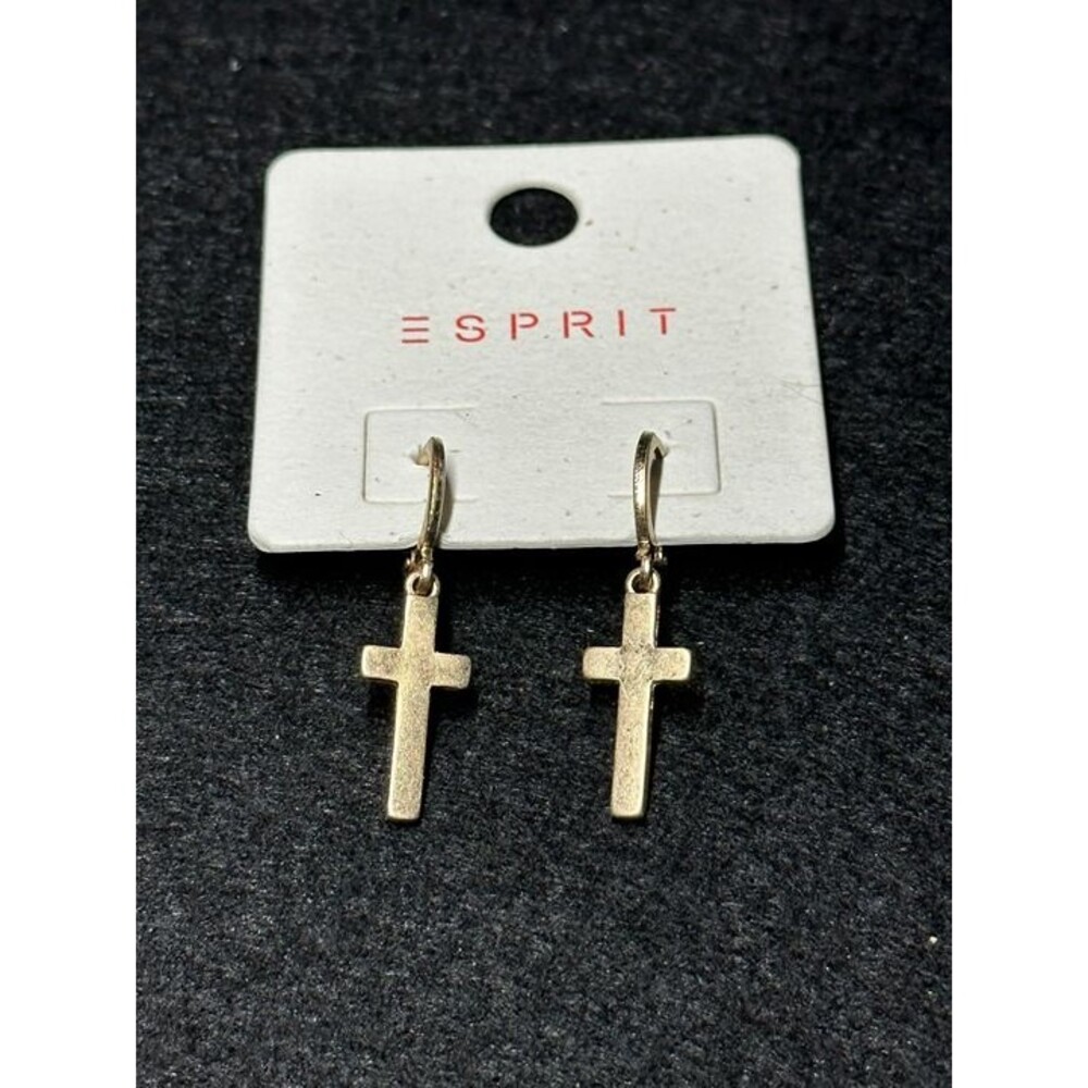 ESPRIT Gold Tone Small Cross Dangle Hoop Earrings Religious Style Boho New Pair